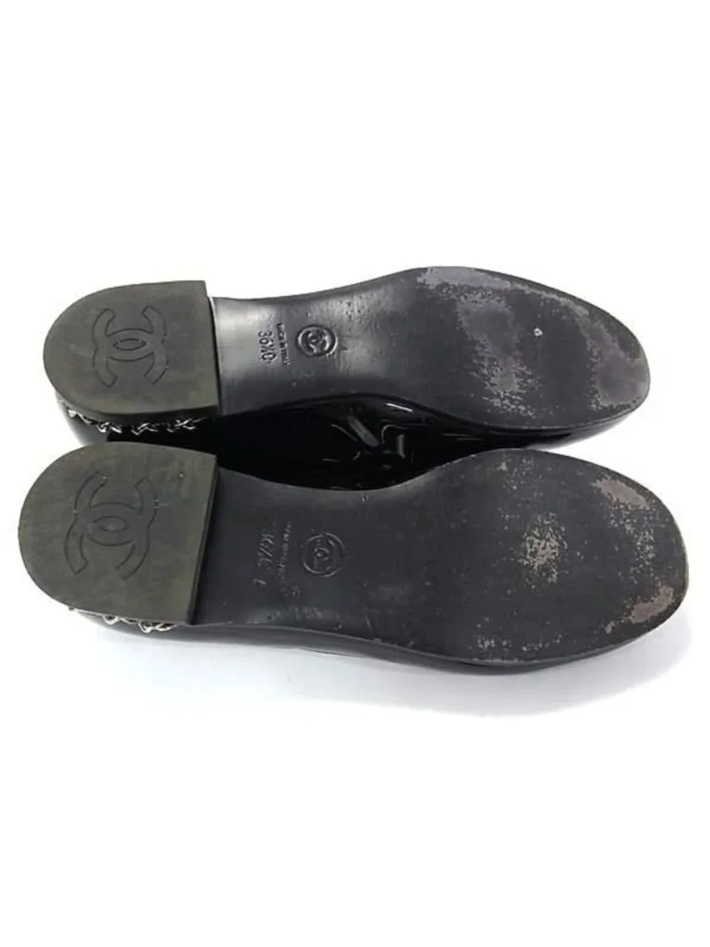 Chanel CC Logo Chain Patent Leather Loafers Shoes Black